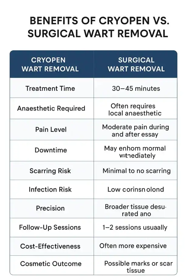 Table showing the benefits of cryopen to remove warts Brackley compared to surgical treatment